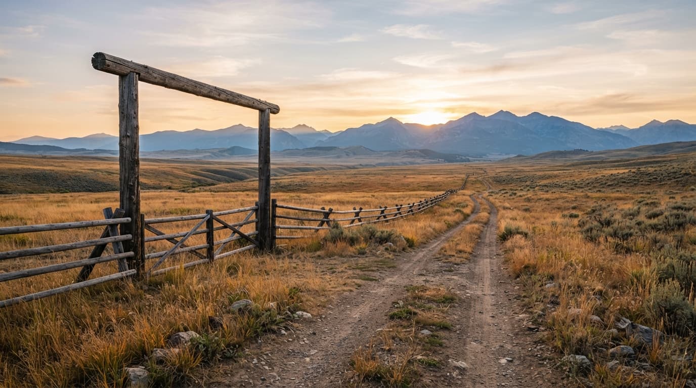 A timber ranch gate on open rangeland at sunrise, mountains in the distance