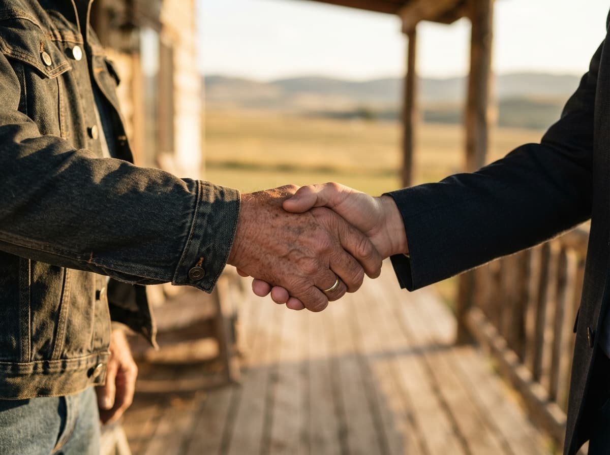 A warm handshake between two people on a ranch house porch, faces not visible